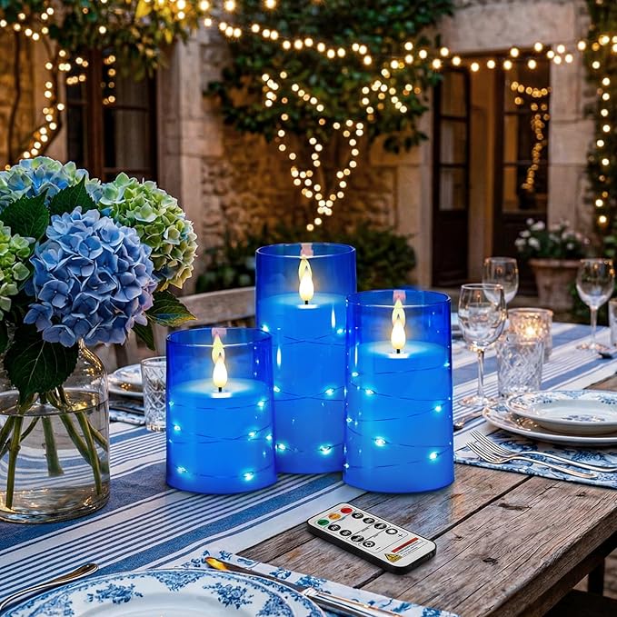 Homemory Flameless Candles with Embedded Star String Fairy Lights, Battery Operated Candles, LED Candle, Fake Candles with Remote Control and Timer, Blue, Set of 3(H 4" 5" 6”)