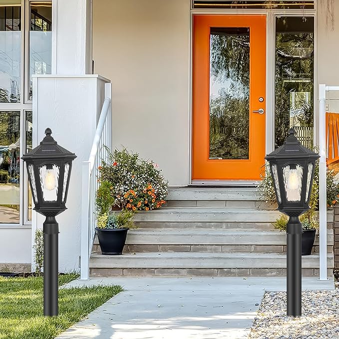 Black Solar Outdoor Post Light Fixture 21 inches Large Dusk to Dawn LED Pole Lamp Waterproof Exterior Pillar Lantern Post Lighting Remote Control for Pathway Garden Patio Gargae