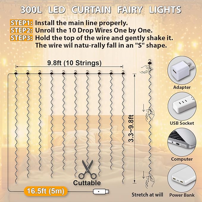 HXWEIYE 300LED Fairy Curtain Lights, 9.8x9.8Ft USB Plug-in 8 Modes Christmas String Hanging Lights with Remote for Bedroom Backdrop Wedding Indoor Wall Decor, Warm White, Standard – 1 Pack