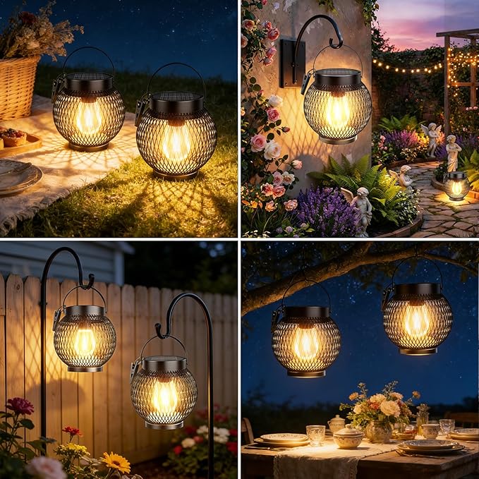 Solar Lanterns Outdoor Waterproof, Upgraded Hanging Solar Lights for Outside, Metal Solar Hanging Lanterns with Clip, Solar Powered Lantern for Patio Porch Garden Decor, 2 Pack