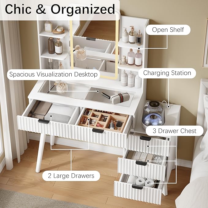 42'' Fluted Makeup Vanity Desk with LED Lights Mirror & Charging Station, Modern Glass Top Vanity Table with 5 Drawers & Open Shelves, Dressing Table for Bedroom, Living Room, White