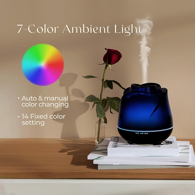 Earnest Living Rose Essential Oil Diffuser 150ml – Mini Ultrasonic Aromatherapy Humidifier for Bedroom & Desk, Quiet Mist, USB Powered, 7-Color Night Light, Valentine's Gift for Women, Solid Black
