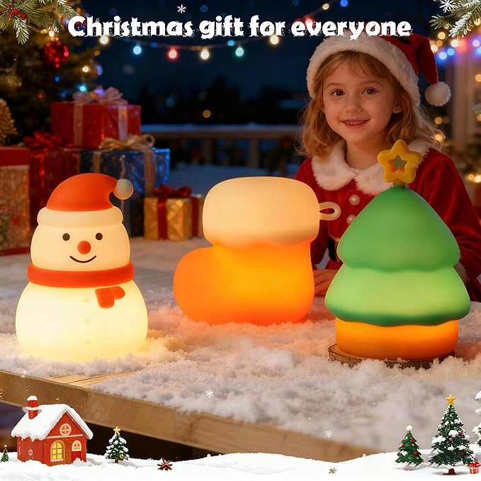 Christmas Night Light Set of 3,Rechargeable Dimmable Christmas Snowman Night Lamp,Cute Christmas Tree Decor Nightlight for Nursery Kids Hangable Squishy Silicone Boot Lights Gifts Holiday Decor