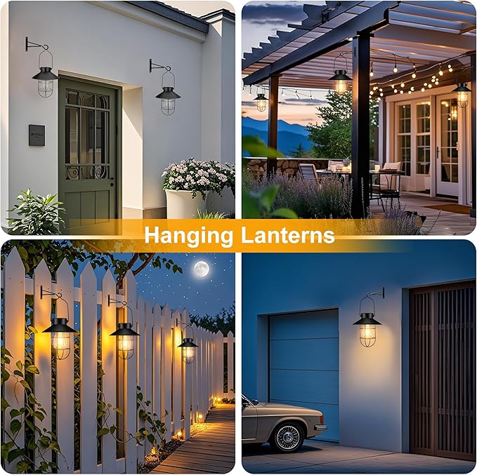 pearlstar 2 Pack Solar Lights Outdoor, Hanging Solar Lanterns with Edison Bulb and 2 x 32 Inch Shepherd Hooks, Waterproof Landscape Lighting for Garden Patio Yard Pathway Driveway Lawn (Black)