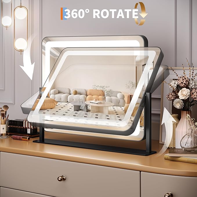 IDEALHOUSE Vanity Mirror with Lights, 20"x17" Lighted Makeup Mirror, LED Desk Mirorr with 360° Rotation, Dimmable 3 Modes, Smart Touch Control for Bedroom or Tabletop(Square,Black)