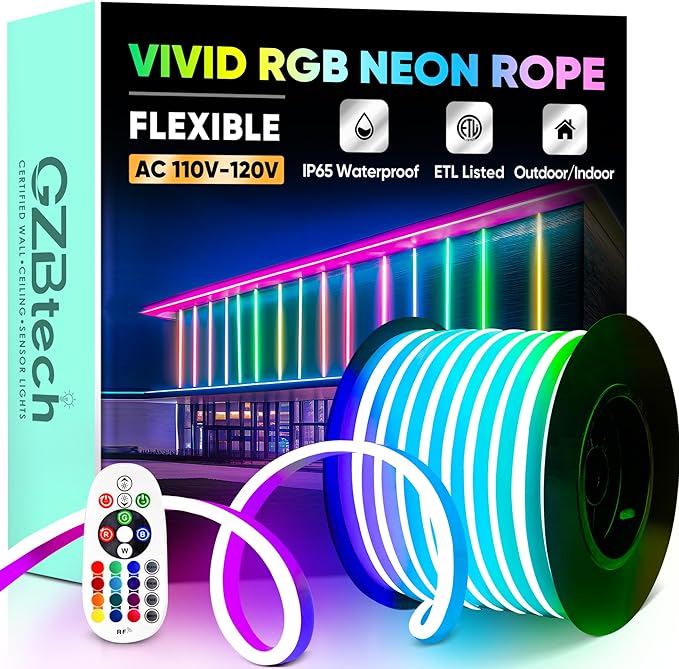 GZBtech RGB LED Neon Rope Lights 82FT/25M, AC 110-120V Waterproof Color Changing LED Rope with Remote Control, Dimmable Multi Color Strip Lighting for Indoor Outdoor Commercial Use, ETL Listed