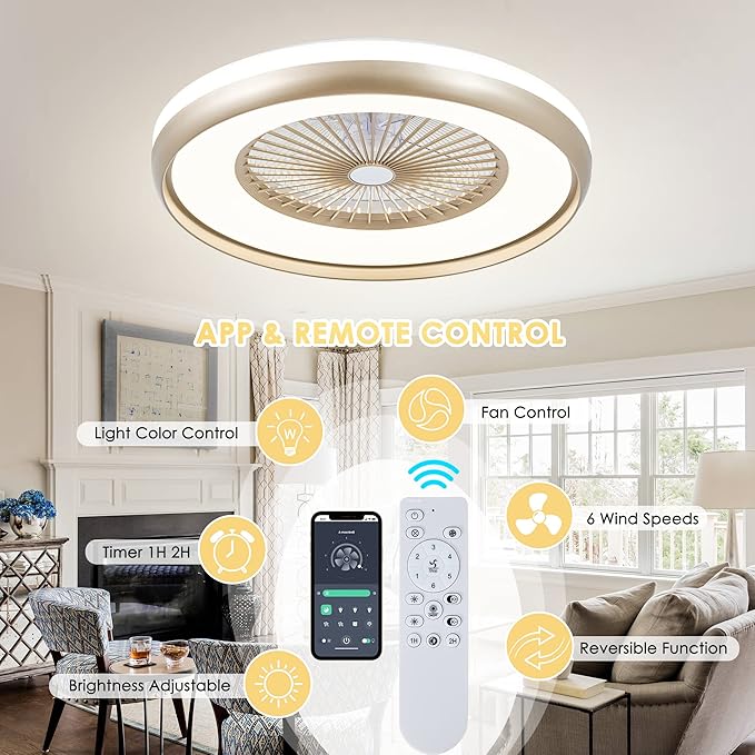 24" Bladeless Ceiling Fan with Light Remote, Smart LED Ceiling Fans with App Control, Modern Low Profile Dimmable Light Ceiling Fan for Bedroom Living Room Gold