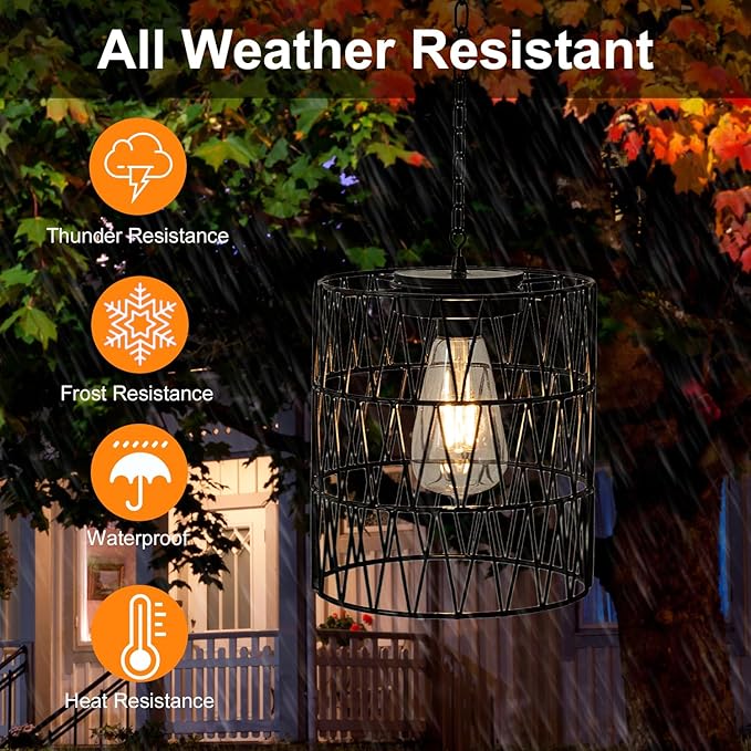 Livinlarge Hanging Pendant Lights,Metal Solar Outdoor Chandelier,Solar Hanging Lights with Warm White LED Bulb for Patio Garden Tree Pergola Gazebo Porch Yard Decor