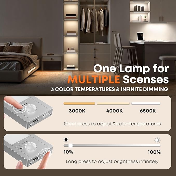 Under Cabinet Lights Wireless, 2 Pack 11.8 inch 1500mAh 3000K 4000K 6500K 3 Color Temps Dimmable Motion Sensor Light Indoor, Rechargeable LED Under Counter Lights for Kitchen, Stairs, Closet