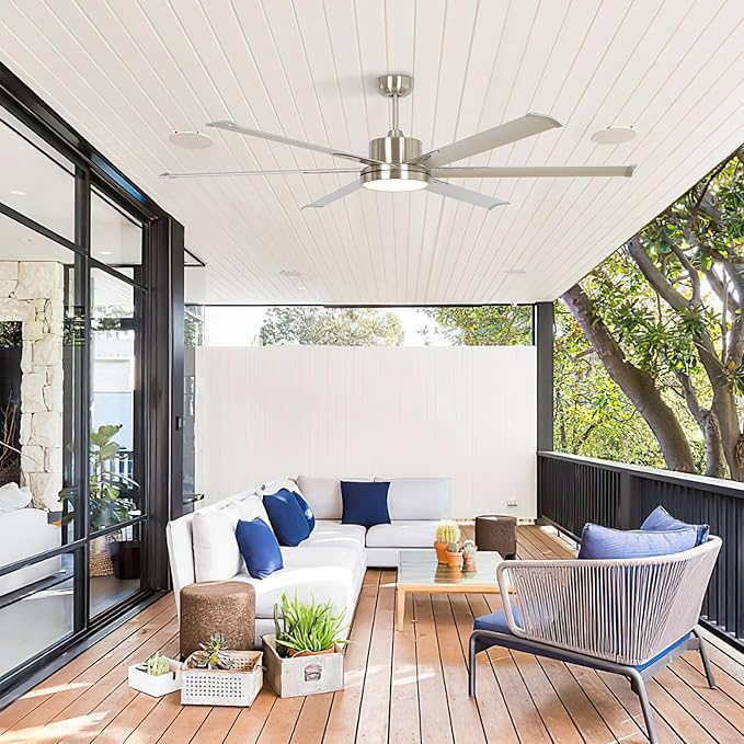 Industrial Ceiling Fans with Lights and Remote, 65 Inch Large Ceiling Fan for Living Room Bedroom, Outdoor Ceiling Fans for Patios, DC Motor Reversible 6 Blades, Ventilador de Techo, Brushed Nickel