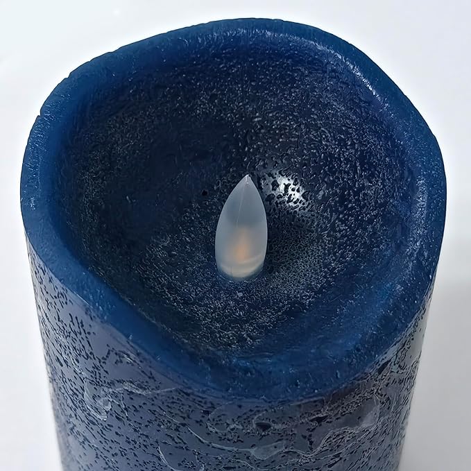 CANDLE CHOICE Real Wax Battery Operated Flameless Candles with Automatic Daily Cycle Timer Realistic Flickering Electric LED Pillars Wedding Party Holiday Decorations Set of 3 Rustic Texture Navy Blue
