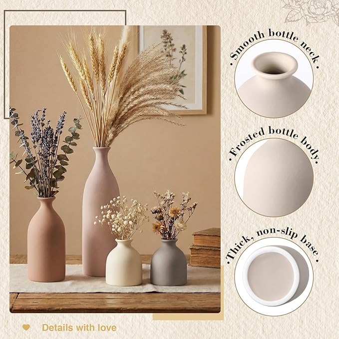 Dandat Beige Ceramic Vase Set of 4, Modern Decorative Ceramic Vases Rustic Pottery Centerpiece Table Decor for Farmhouse Bouquet Pampas Grass Dried Fresh Flowers, Living Room, Kitchen, Bedroom
