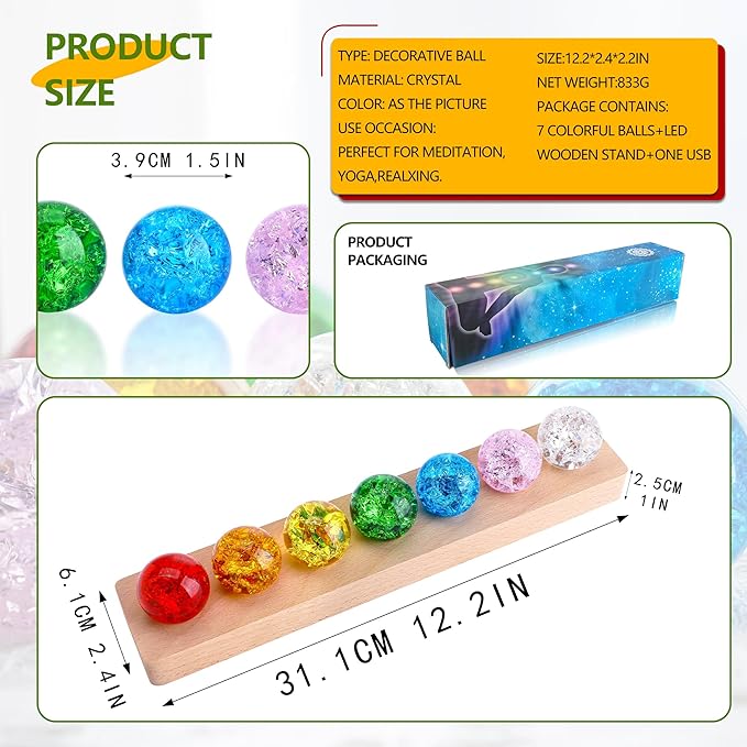 7 Colors Ice Cracked Balls with LED Wooden Base 40mm Healing Sphere Balls Set Crystal Chakra Night Light Decor for Home Valentines Day Gifts for Her