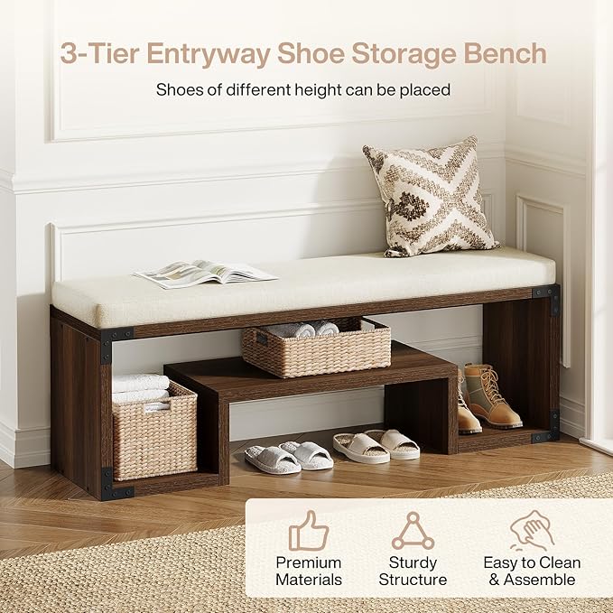 Tribesigns Shoe Storage Bench with Cushion, 47" Entryway Bench with Storage Shelf and Removable Padded Seat for Entryway, Hallway, Living Room, Bedroom, Vintage Brown