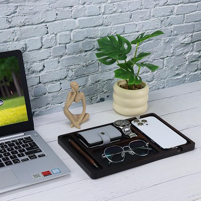 MultiBey Acacia Wood Valet Tray with Leather Inlay | Mens Valet Tray & Desk Organizer | Elegant EDC Catchall Trays for Phone, Wallet, Keys, Watch, Jewelry