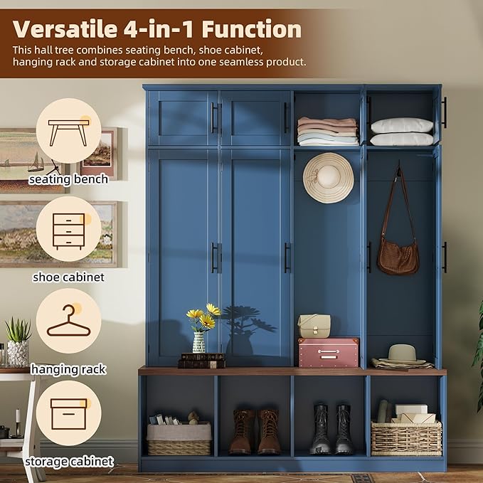 Hall Tree with Entryway Bench and Shoe Cabinet, Multi-Functional Seating Bench with 4 Hanging Hooks and 8 Doors, Blue