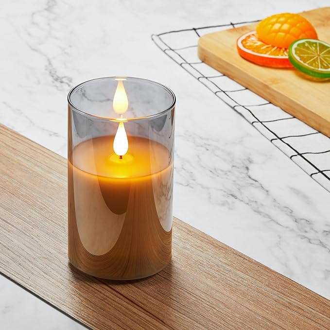 Flickering Flameless Candles, Rechargeable Battery Operated Candles with 3D Wick, Last 1000+ Hours LED Candle with Remote and Timer, Real Wax Candle, Grey Glass for Home, Christmas 3" x 4"