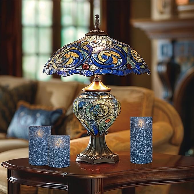 Blue Flameless Candles with Remote, Real Wax Glass Battery Operated Candles with Timer, LED Pillar Candle for Bedroom Home Wedding Birthday Party Fall Halloween Christmas Decorations, Set of 3