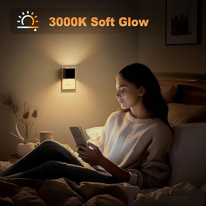 JandCase Night Light, Automatic Night Lights Plug into Wall, 4 Pack Modern Night Lights with Auto Light Sensor, 3000K Brightness Adjustable Nightlight for Kids Bathroom Hallway Kitchen Bedroom