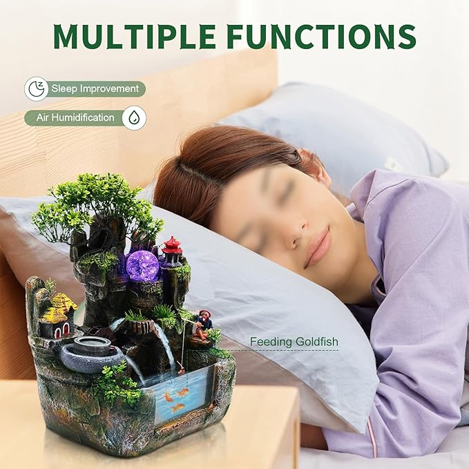 Indoor Water Fountains, Relaxation Desktop Water Fountain Ornament with LED Light, Zen Meditation Atomizing Humidifier Desk Decoration for Home Office Bedroom