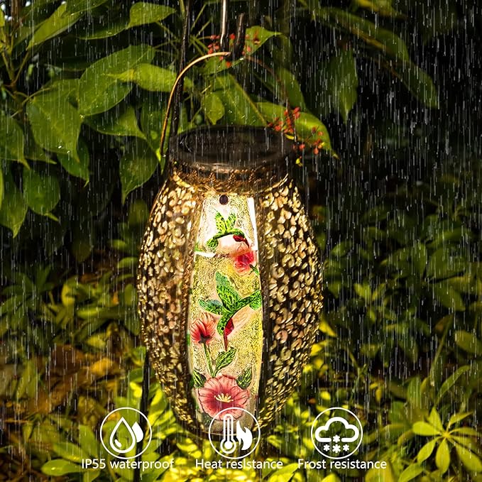 Larekook Hummingbird Solar Lantern Outdoor Waterproof,13" Large Metal Hanging Lantern Decorative,Hummingbird Solar Lights for Yard Lawn Porch Patio Garden Decor,Birthday Gifts for Women Mom
