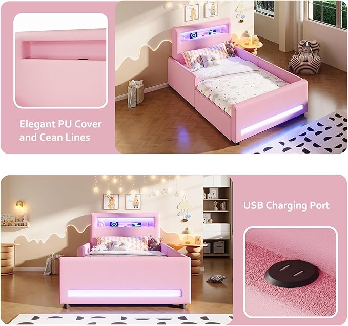 MERITLINE Twin Size Upholstered Platform Bed with Drawer, App-Controlled RGB LED Light Strip & USB Port, PU Fabric Storage Bed (Pink) | LED light, Storage Drawer