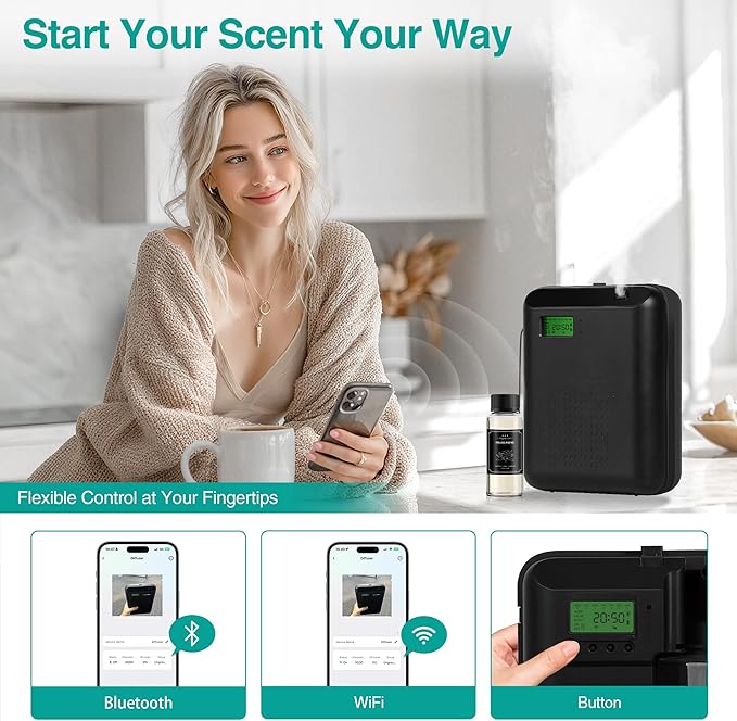 Scent Air Machine Starter Kit – Waterless Diffuser for Home & Commercial Use, Hotel Scent Diffuser Includes 100ml Essential Oil, WiFi/Bluetooth Control, 2000 sq.ft Coverage, Wall-Mount & Desktop
