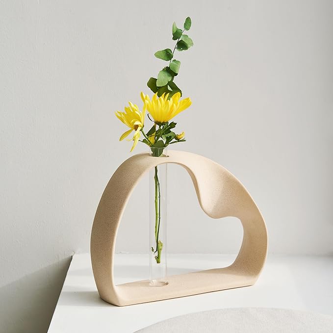 Ceramic Vase for Minimalist Home Decor - Boho Pampas Grass Vase - Stem Flower Vase for Coffee Table, Office Desk, Living Room, Kitchen, Wedding - Modern Vase for Centerpiece Table Decoration