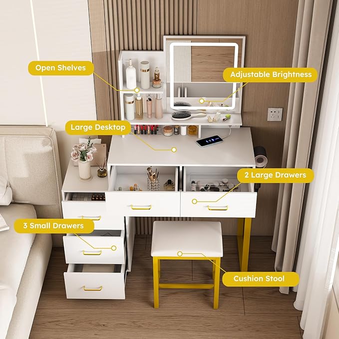 Makeup Vanity Desk with Mirror and Lights, Makeup Vanity Set with 5 Drawers, Upholstered Vanity Stool, Dressing Table for Bedroom, White and Yellow