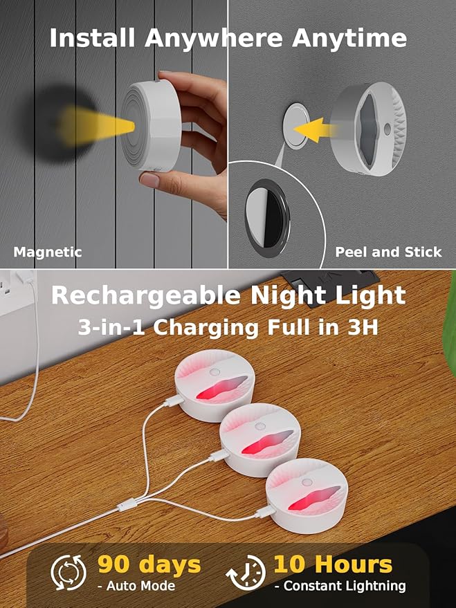 Smiling Shark BR168 Linkage Motion Sensor Night Light LED Smart Linked PIR & Light Sensing, Rechargeable Magnetic Stick-On Connected Smart Warm Night Step Lights for Bedroom Hallway Stairs, 3 Pack