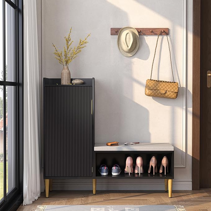 Storage Bench with Fluted Door&Shelf, Modern Entryway Bench with Padded Seat, L-Shaped Shoe Organizer Cabinet for Hallway, Living Room, Office, Black