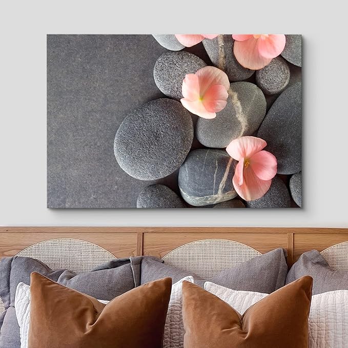 wall26 Canvas Print Wall Art Gray Stones with Pink Daisy Flowers Floral Nature Photography Realism Bohemian Scenic Relax/Calm Cool for Living Room, Bedroom, Office - 12"x18"
