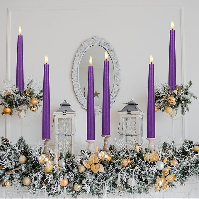 Purple Flameless Taper Candles with 3D Wick, 9.6" Real Wax LED Candles with Remote, 3 Pack Flickering Candlesticks Battery Operated, Classic Tall Taper Candle for Home, Wedding, Party