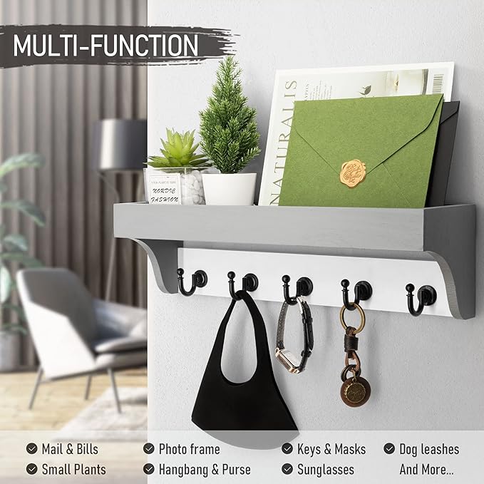 Rebee Vision Key Holder with Mail Organizer Wall Mount - Decorative Home Essentials for Key Rack with 5 Rustic Keys Hooks - Modern House Decor for Entryway (Gray & White)
