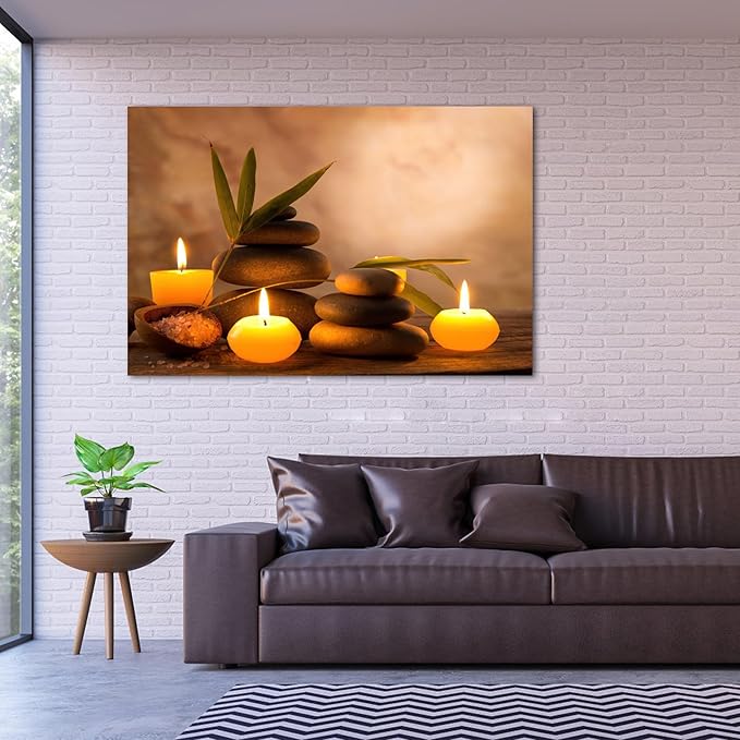 Zen Wall Art Decor, Modern Bathroom Zen Decor Wall Art, Large Zen Relaxing Canvas Wall Art for Spa Room Decor, Black Pebble and Lighted Candles Zen Art Prints for Office & Spa Wall Decor 32x48 Inches