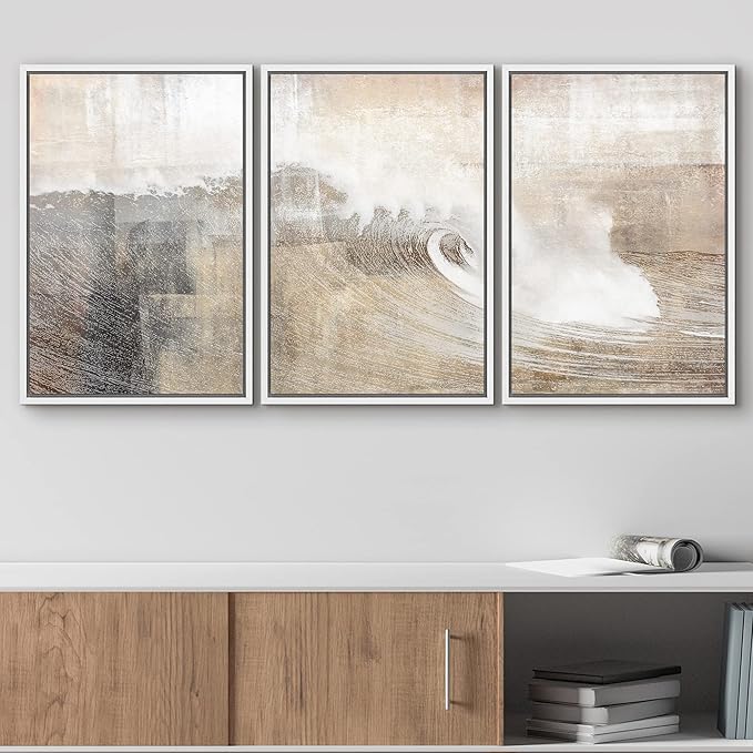 wall26 Framed Canvas Print Wall Art Set Gray & Tan Color Block Ocean Wave Overlay Nature Wilderness Digital Art Modern Art Rustic Scenic for Living Room, Bedroom, Office - 16"x24"x3 White