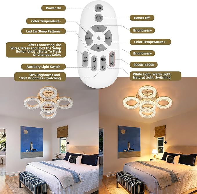 OKELI Modern Ceiling Light, 5 Rings 16.9'' Dimmable LED 49W Flush Mount Ceiling Lights with Remote Acrylic Crystal Round Ceiling Light Fixture, Bedroom Living Room Dining Room, Gold