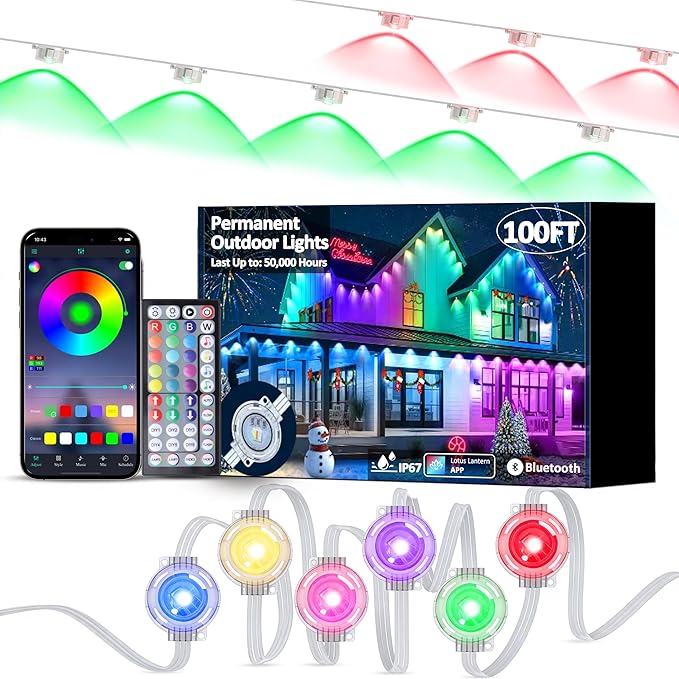 RGB Permanent Outdoor Lights, 100FT Smart LED Eaves Lights with APP & Remote Control, IP67 Waterproof Outdoor String Lights for Christmas, Halloween,Party, Garden, Patio, House Decor