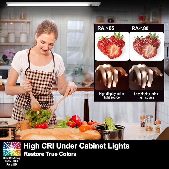 HL Under Cabinet Lights, 32 LED Rechargeable Battery Operated Motion Sensor Light Indoor Wireless, Magnetic with Remote Dimmable Under Counter Lights for Kitchen Stairs Hallway White 2Pack