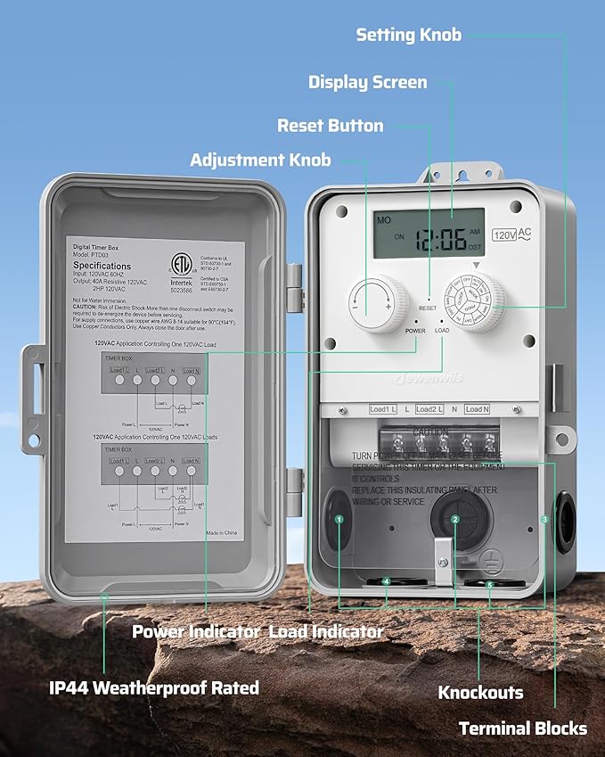 DEWENWILS Pool Pump Timer, Outdoor Digital Timer Box, 2HP 40A 120VAC, 7-Day 12 ON/Off Programmable Timer Switch for Pool Pump, Water Heater, Pool Filter, Landscape Lights, ETL Listed
