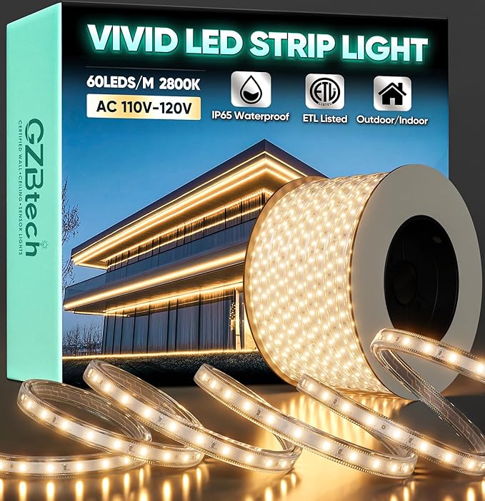 GZBtech AC 110-120V LED Strip Lighting 100FT/30M, 2800K Warm White IP65 Waterproof Outdoor Strip Lights, 60LEDs/M SMD2835 Cuttable & Connectable LED Rope Light for Indoor Outside Exterior, ETL Listed