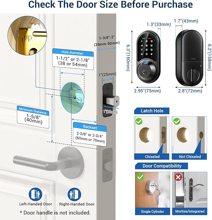 Veise RZ07 Fingerprint Smart Lock, 7-in-1 Smart Locks for Front Door, Keyless Entry Door Lock with App Control, Biometric Electronic Touchscreen Keypad Deadbolt, Matte Black