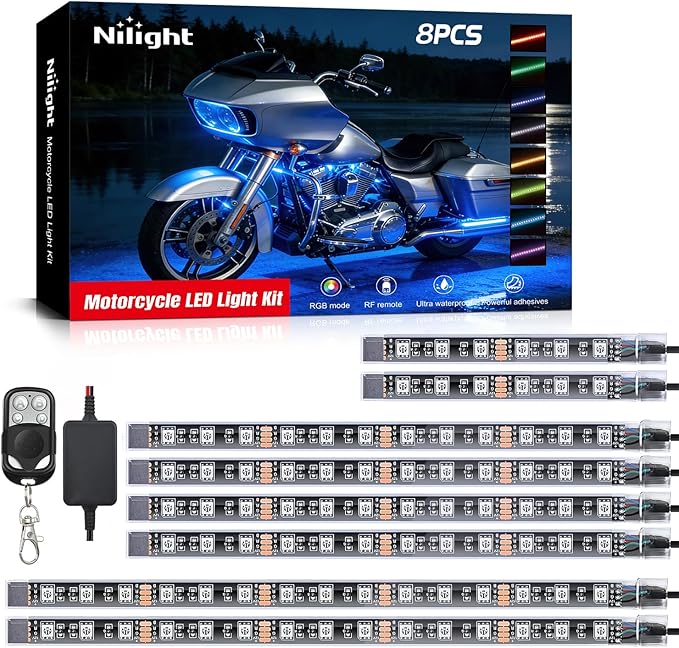 Nilight 8PCS Motorcycle RGB Led Light Kit Waterproof Multi-Color Atmosphere Lights Lamp with 4Key RF Wireless Remote for Harley Davidson Honda Kawasaki Suzuki, 2 Years Warranty (TL-42)