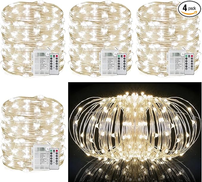 33Ft String Lights Battery Operated with Remote Control Timer, 100LED 4 Pack Waterproof 8 Modes Copper Wire Twinkle Fairy Lights for Bedroom Indoor Outdoor Wedding Dorm Christmas Decorations
