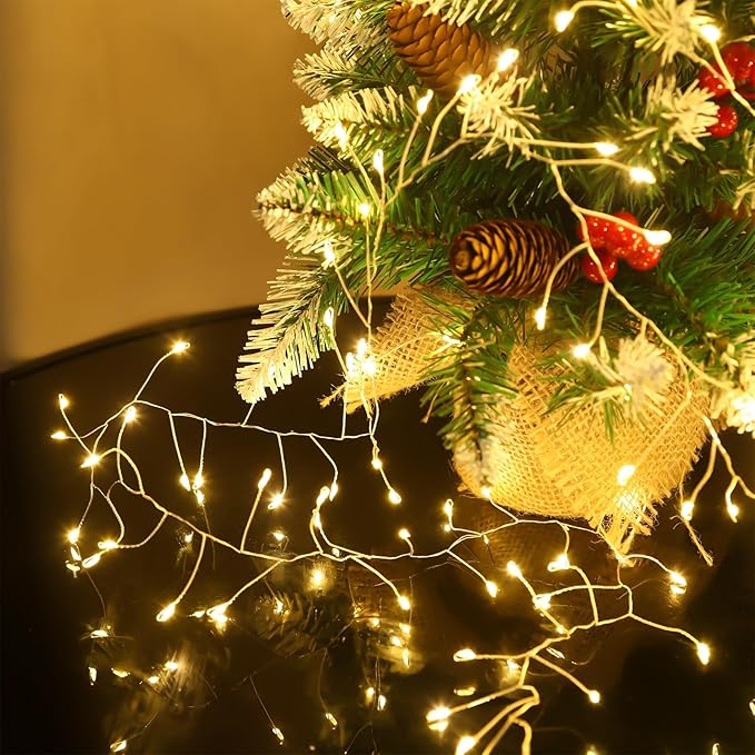 Fairy Lights 10 Feet 200 LEDs Cluster Lights Waterproof Firecracker String Light UL Plug Power Supply with Remote 8 Lighting Modes for Ceiling Bedroom Wreath Wedding Christmas, Warm White