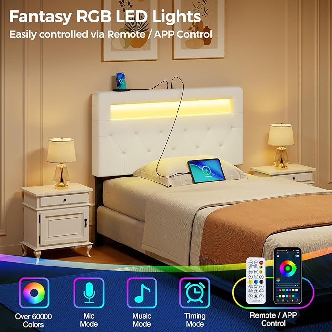 GREENSTELL Headboard for Twin Size Bed with 60,000 DIY Color of LED Light, USB & Type C Post, Upholstered, Height Adjustable, Sturdy, Easy Assembly, Wall Mounted Head Boards Only, White