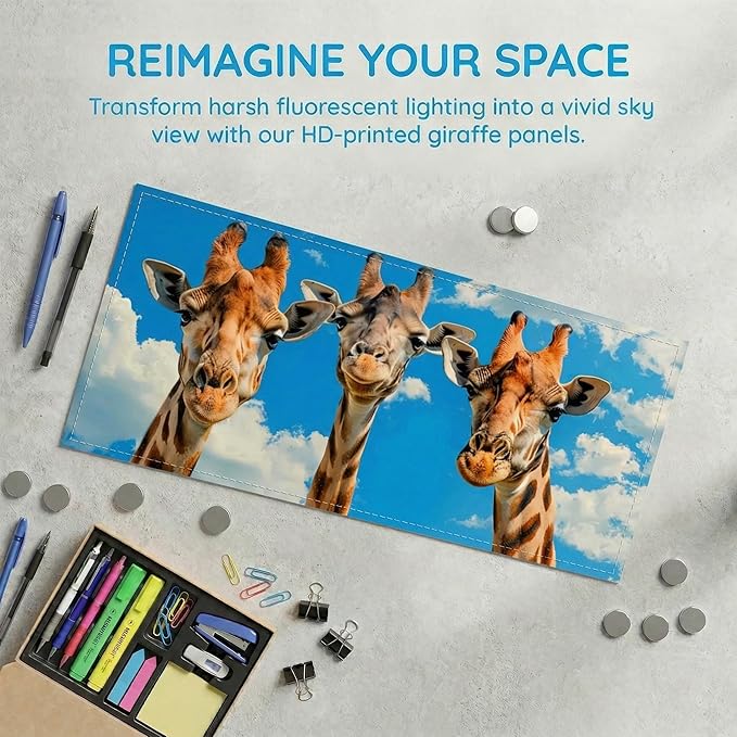 4 Pack Fluorescent Light Covers for Ceiling Lights -Magnetic Cloud Cover for Fluorescent Or LED Fixture 2ft x 4ft Classroom,Home,Office Decoration Filters Overhead Lighting-Three giraffes