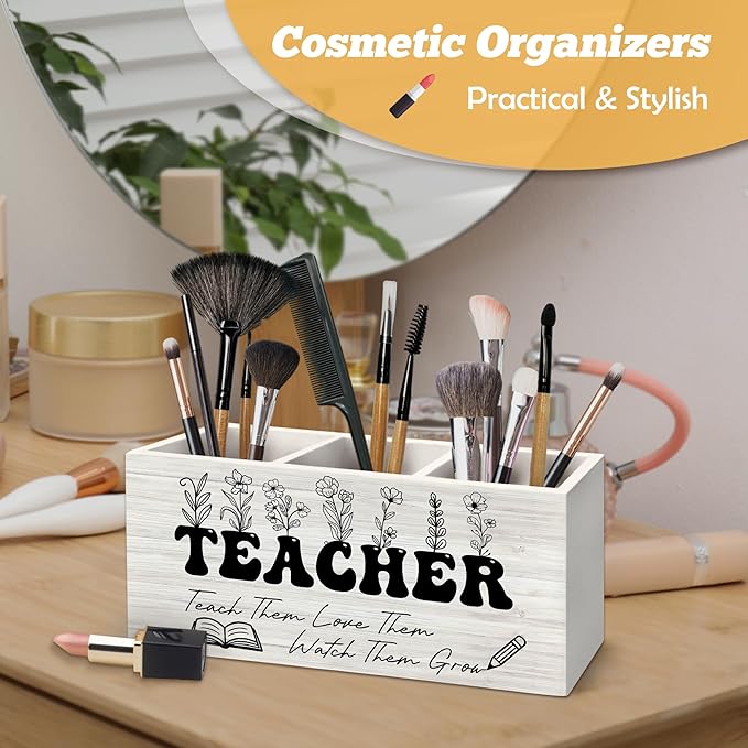 Teacher Pen Holder Organizer for Desk Accessories, Floral Themed Wooden Box Sign Desk Decorations for Office Classroom Tabletop, Graduation Teacher Appreciation Gifts for Women Men Teachers