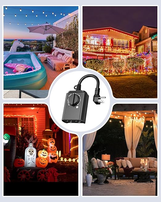 BN-LINK Outdoor Light Timer with Dusk to Dawn Sensor, Weatherproof Dual Grounded Outlets for Christmas/Halloween Decorations, 15A 1/2HP ETL Listed