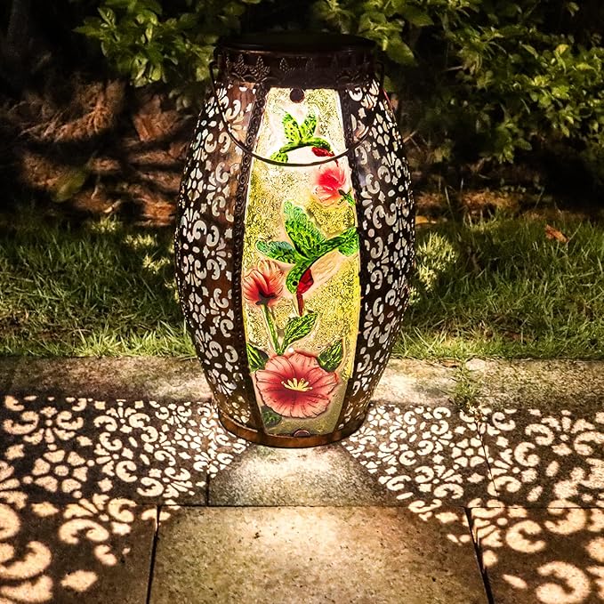 Larekook Hummingbird Solar Lantern Outdoor Waterproof,13" Large Metal Hanging Lantern Decorative,Hummingbird Solar Lights for Yard Lawn Porch Patio Garden Decor,Birthday Gifts for Women Mom